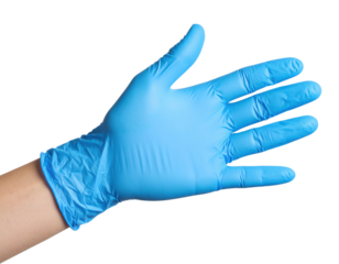 A hand wearing a blue disposable medical glove is shown with fingers spread against a black background.