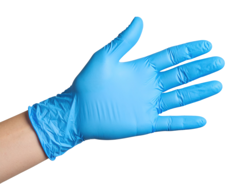 A hand wearing a blue disposable medical glove is shown with fingers spread against a black background.