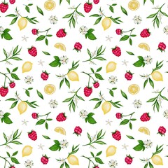 Bright summer berry pattern featuring raspberries, lemon slices, and floral elements
