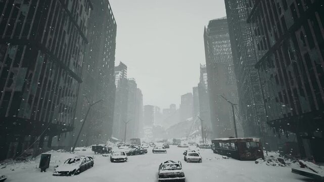 Nuclear winter in a big city and its consequences after the explosion of an atomic bomb. Radioactive snow covers a destroyed modern metropolis. 3D animation.