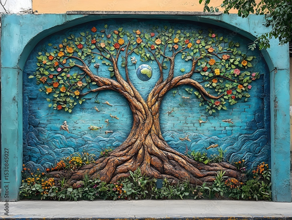 Poster a colorful and intricate street mural showcasing a stylized tree with lush branching foliage and dee