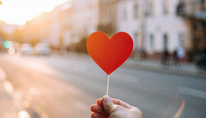 A hand gently holds a red paper heart on a stick in the sunlight, with a softly blurred city street and warm golden tones in the background.