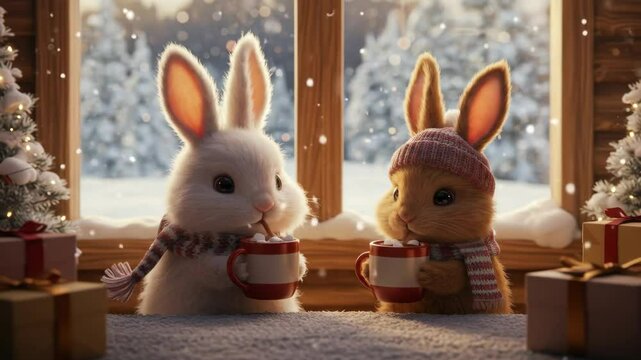 Cute Rabbits Enjoying Hot Cocoa by Snowy Window - Two adorable bunnies, one white and one brown, sit by a window in a cozy cabin, sipping hot cocoa with marshmallows. Snow falls gently outside