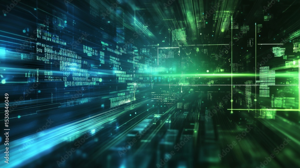 Poster futuristic digital technology background with glowing blue and green circuit lines, abstract high-sp