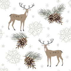 Christmas seamless pattern. Deer animals, cones, pine twigs, snowflakes, white background. Vector illustration. Nature design. Season greeting. Winter forest. Xmas holidays