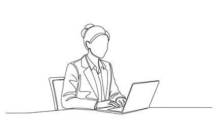 Business Woman Working on Laptop - One Line Art Vector Illustration