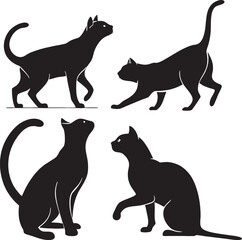 A set of four unique cat silhouettes in different poses: walking, stretching, sitting, and playing. Ideal for SVG bundles, pet lover gifts, and design projects.
