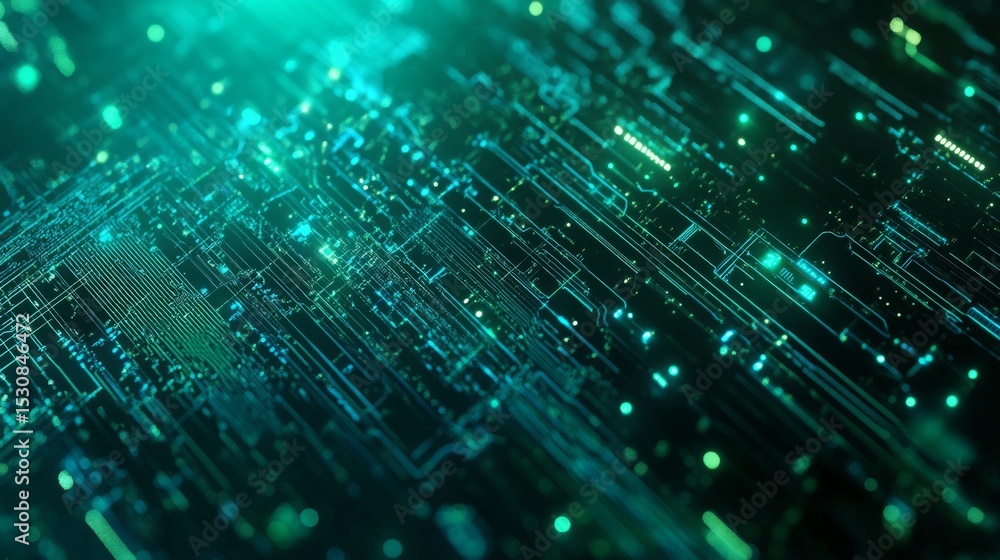 Poster futuristic digital technology background with glowing blue and green circuit lines, abstract high-sp