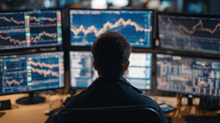 Obraz premium Stockbroker monitoring multiple monitors with real-time stock exchange updates.