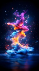 Colorful smoke rising, sparks, dark background, reflective surface, digital art