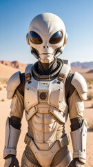 A humanoid alien with large black eyes and futuristic armor stands in a vast desert landscape, blending advanced technology with an otherworldly presence under the bright sun.