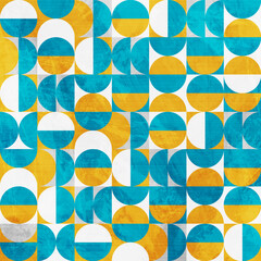 Grunge geometric seamless pattern with squares, circles and semi circles. Modern aesthetics vector design