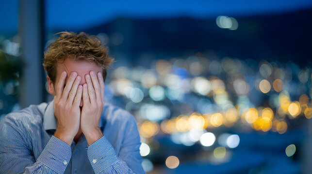 Tired executive alone in glass office, city lights blurred in background, face covered in hands, overwhelmed by expectations and responsibilities