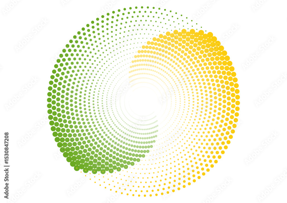Poster Green and yellow circular spiral halftone dots abstract dynamic minimal background. Geometric vector design