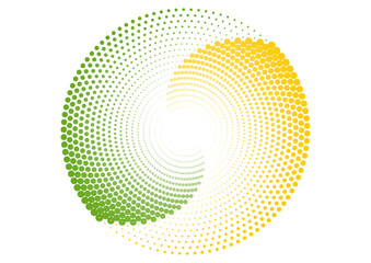 Green and yellow circular spiral halftone dots abstract dynamic minimal background. Geometric vector design