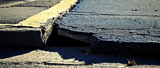 Damaged asphalt pavement shows significant cracking and separation near a curb, revealing a gap beneath the surface