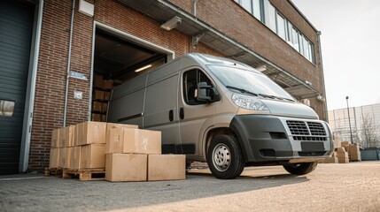 Urban delivery van parked near loading dock with parcels being sorted.