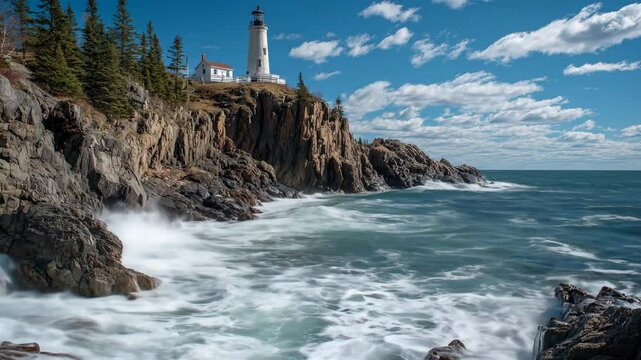 On a rocky cliff, a lighthouse watches over turbulent seas with waves violently smashing the rocks below, embodying nature&rsquo;s force and the steadfastness of human structures.

