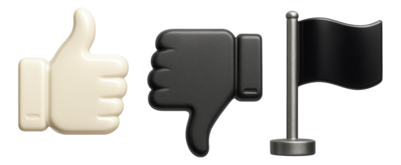 Three icons featuring a thumbs-up, thumbs-down, and a black flag in a stylized, clean design on transparent background.