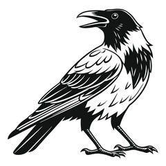 Black raven illustration stands facing left with its beak slightly open in a vector