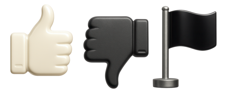 Three icons featuring a thumbs-up, thumbs-down, and a black flag in a stylized, clean design on transparent background.
