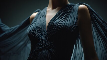 Close up of a fashion model in a sophisticated dark pleated dress, arms extended, flowing sleeves creating a dramatic, elegant silhouette against a dark backdrop