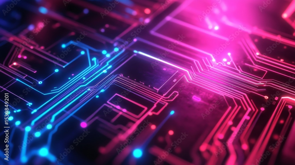 Poster futuristic digital technology background with neon blue circuit board lines and glowing tech interfa