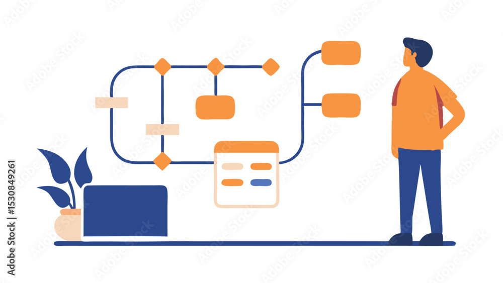 Poster illustration of a man looking at a flowchart with computer and plant on the left side view design