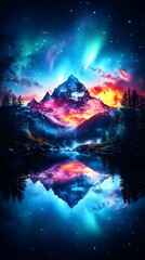 Fototapeta premium Mountain lake aurora borealis reflection fantasy art