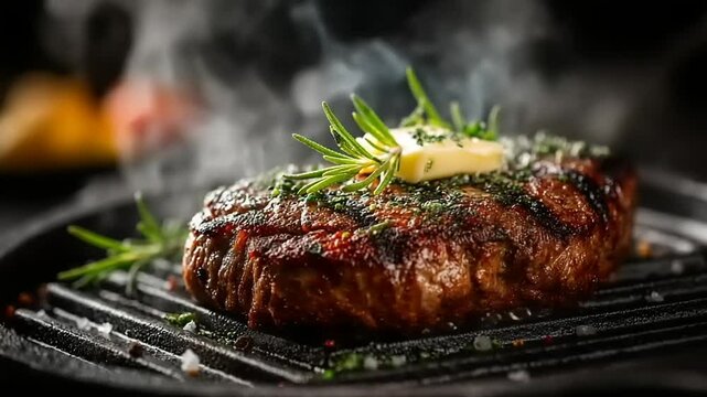 Juicy grilled steak topped with butter and herbs, steaming on a skillet with a dark background