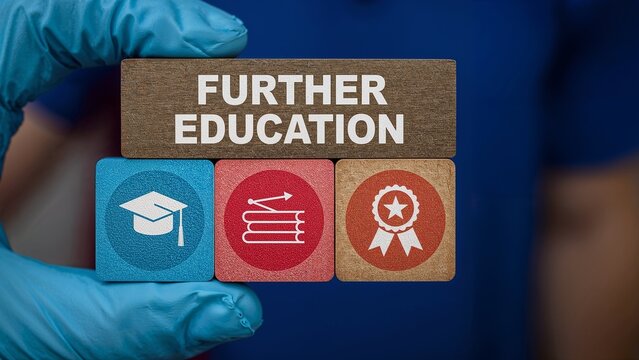 Further Education Concept with Graduation Learning Books and Achievement Icons