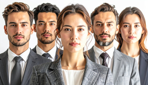 Un grupo de personas formando equipo de trabajo o empresa con una mujer directora  al frente