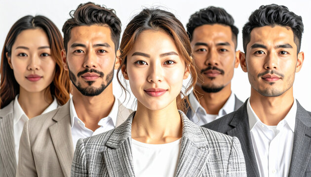 Un grupo de personas formando equipo de trabajo o empresa con una mujer directora  al frente