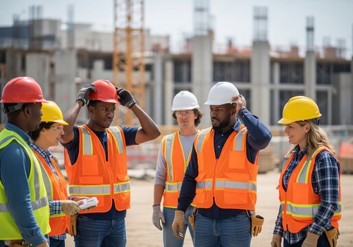 A diverse group of men and women, dressed in safety vests and hard hats, are seen on a construction site, some adjusting their hats, indicating preparation for work.
