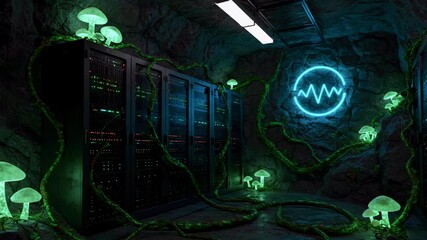 Futuristic server room with glowing mushrooms and neon light, showcasing technology in a natural setting - Powered by Adobe