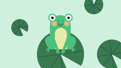 Cute Frog on Lily Pad: Pond Life Vector. A charming green frog with a happy smile sits on a lily pad, surrounded by other pads on a light green background © Karolina