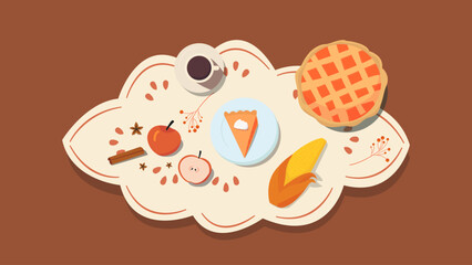 Thanksgiving Dinner Elements: Flat Design Feast. This graphic features festive autumn dishes and spices, perfect for harvest celebrations or seasonal menus.