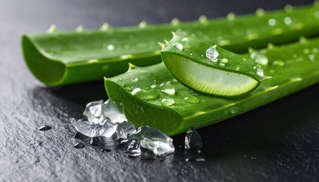 Fresh aloe vera leaves with water droplets on a dark stone surface, showcasing their natural beauty (1)