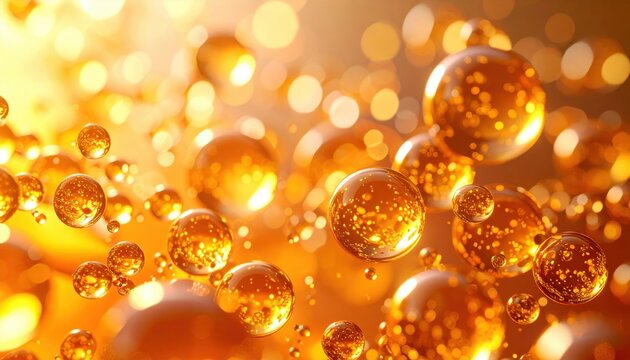 Close-up of shimmering orange bubbles floating in a warm, glowing background with light reflections