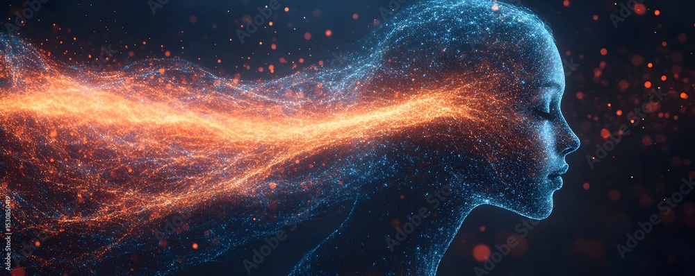 Poster captivating digital portrait of a face transitioning into a dynamic wave of binary code representing
