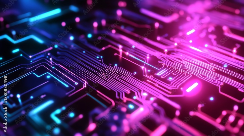 Poster futuristic digital technology background with neon blue circuit board lines and glowing tech interfa