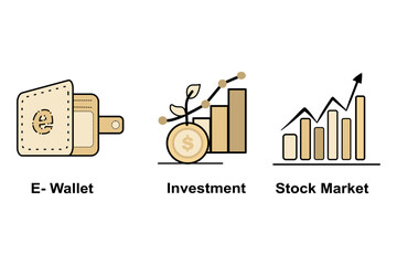 Colorful Fintech Icons Set – E‑Wallet, Investment & Stock Market (Yellow & Black)