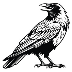Black raven perches with its beak open, offering a captivating monochrome style
