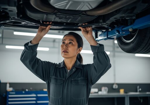 A focused Asian female mechanic, wearing a dark jumpsuit, is standing beneath a car lifted on a hydraulic hoist, intently inspecting the vehicle's undercarriage in a garage setting.