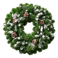 Evergreen wreath with snow and pinecones on a plain background view isolated on transparent background