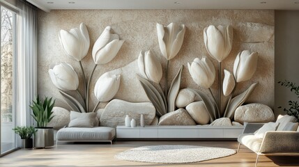 Interior room scene with a wall mural of tulips
