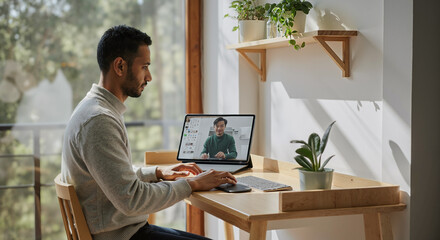 young man working on laptop at home, engaged in virtual meeting with colleague, indoor workspace with plants and natural light enhancing productivity