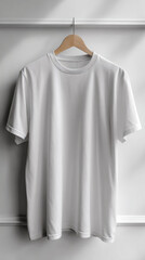 Plain white t-shirt on hanger in minimalist closet