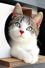National Adopt A Cat Month Adorable gray and white kitten with blue eyes resting in a cardboard box