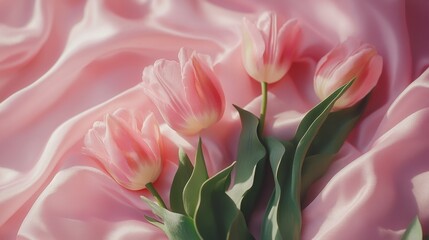 Elegant pink tulips on luxurious satin fabric for romantic floral decor and designs
